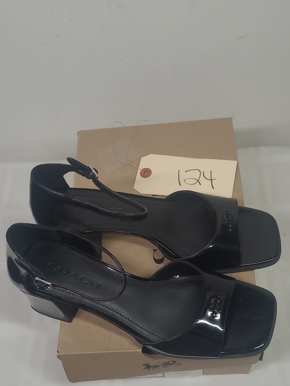 Coach Black Patent Leather Square Toe Block Heel Sandals with Ankle Strap - Picture 8 of 8